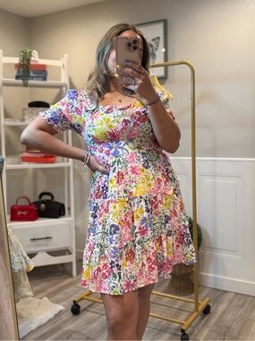 Blu Pepper Floral Babydoll Mini Dress Puff Sleeve smocked Cottagecore Size S